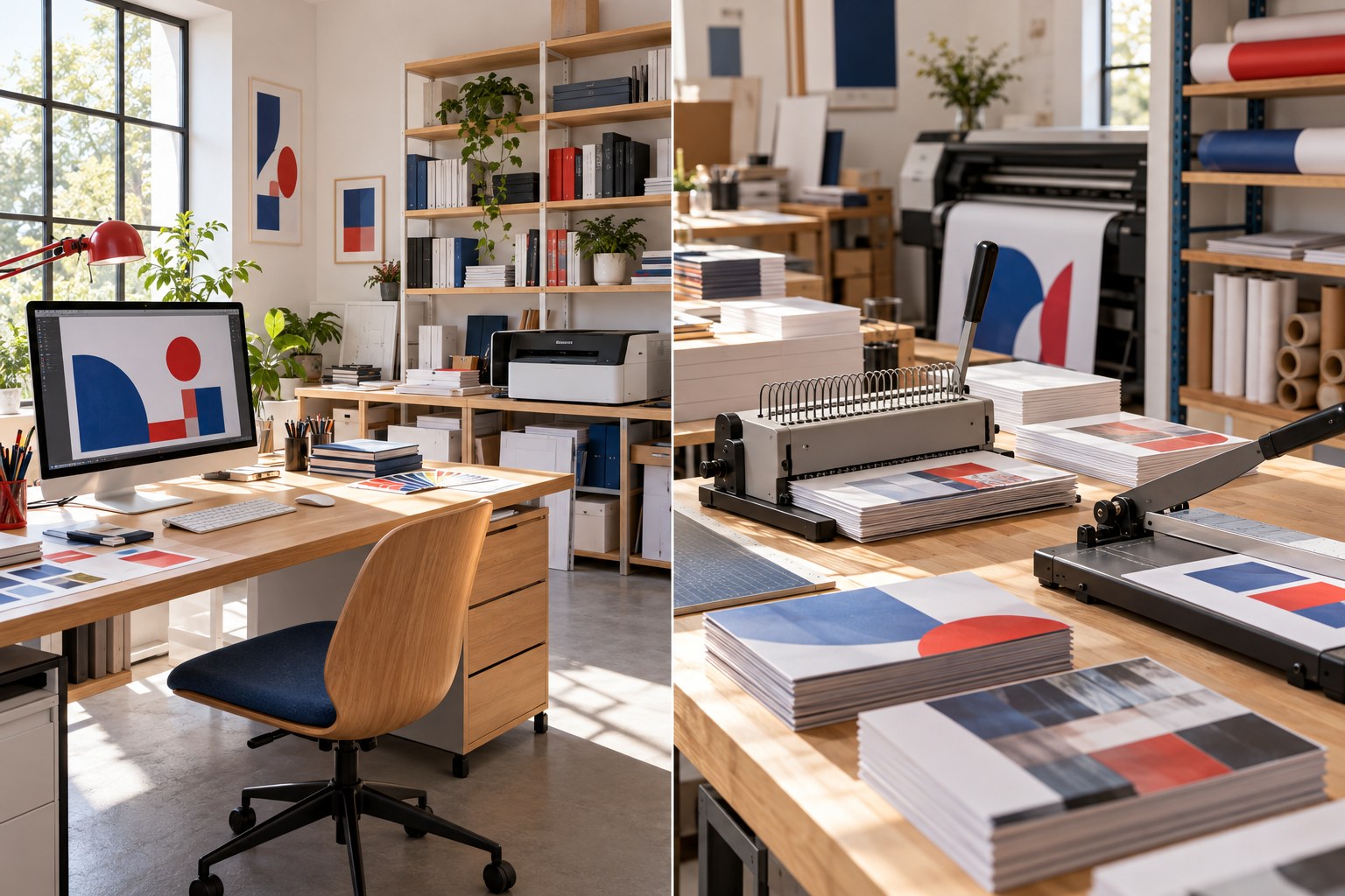 Interno illustrativo di uno studio grafico con scrivania, computer e campioni di carta